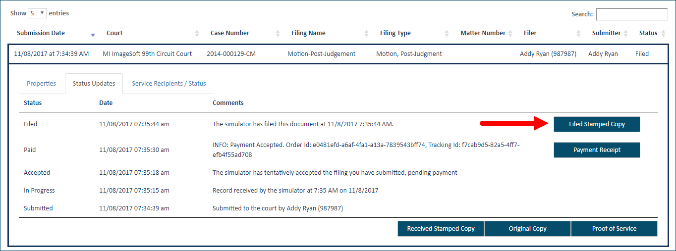 Download a Filed stamped copy History page - Status tab
