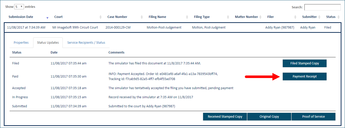 Download a filing's payment receipt History page - Status tab