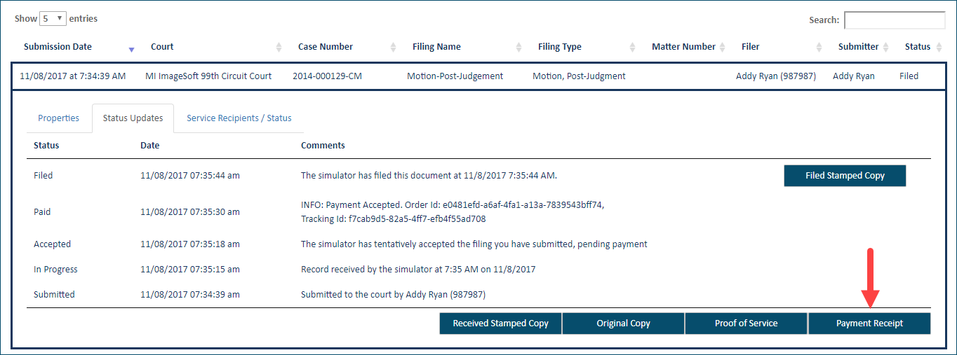 Download a filing's payment receipt History page