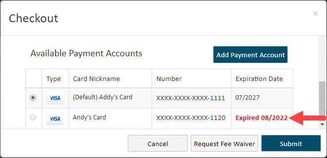 Checkout dialog - expired credit card