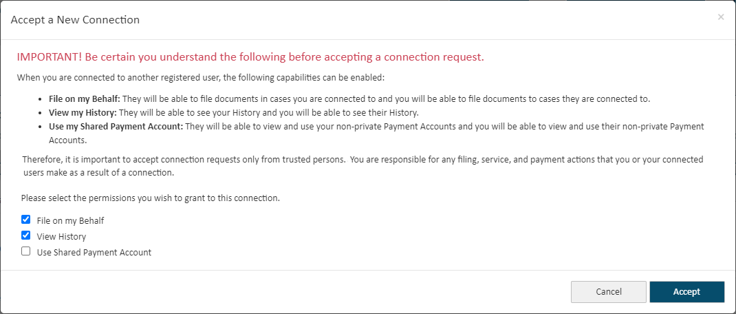Accept a New Connection dialog