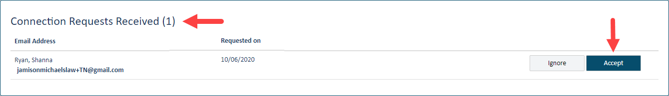 Connections pane - Connections Requests Received section