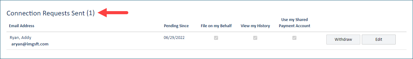 Connections pane - Connection Requests Sent section