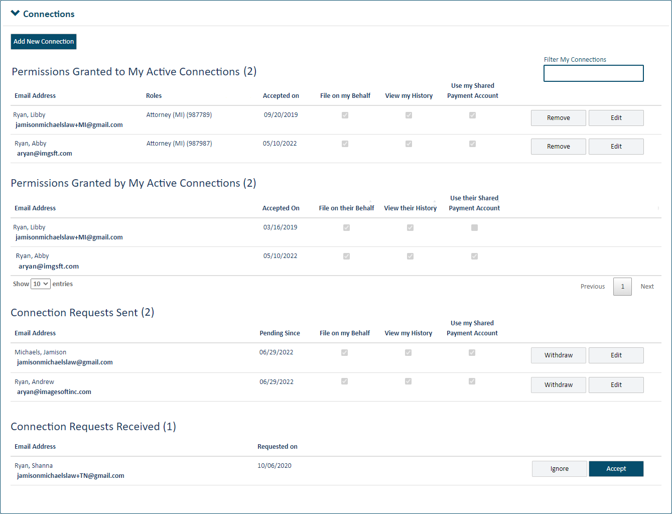 Connections pane with Permissions