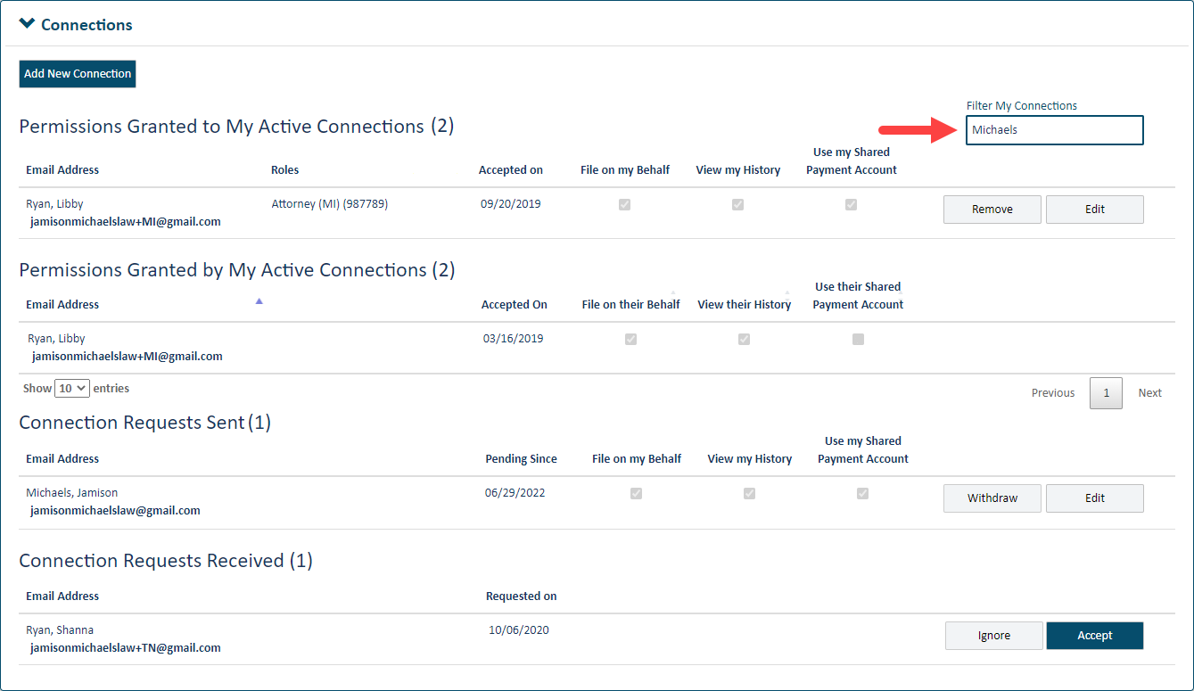 Connections pane - Filter field populated