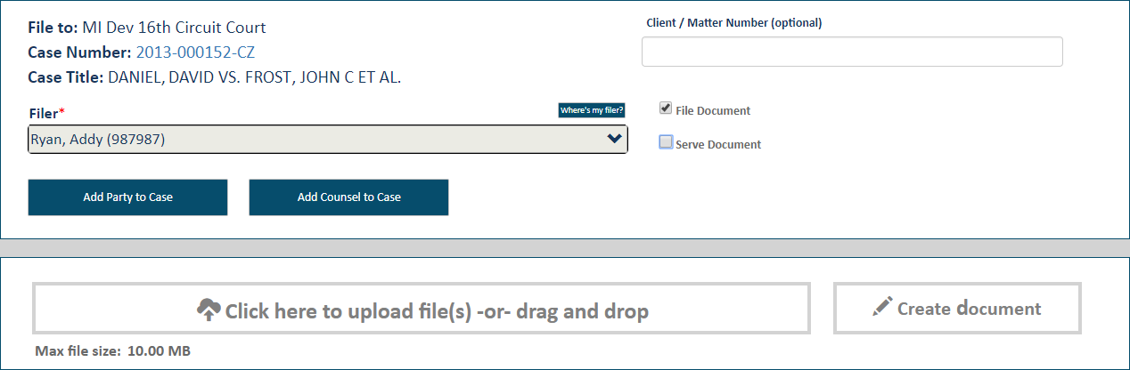 Upload pane - Create Document button Upload pane - Create Document button
