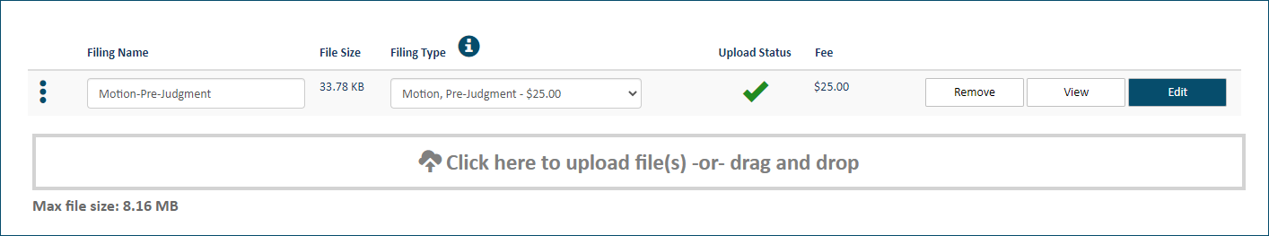 Upload pane - filing uploaded