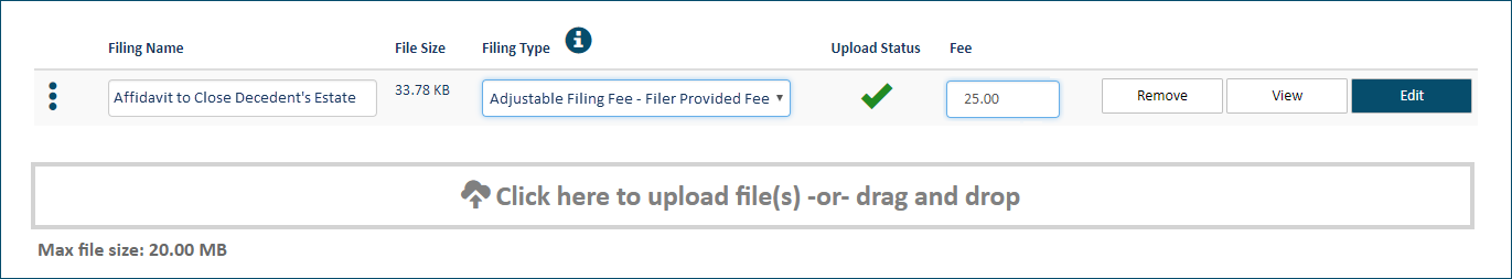 Upload pane - filer provided fee