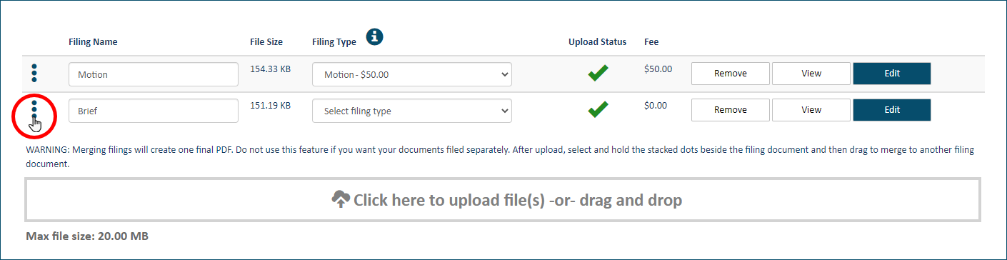 Upload pane - document handle selected