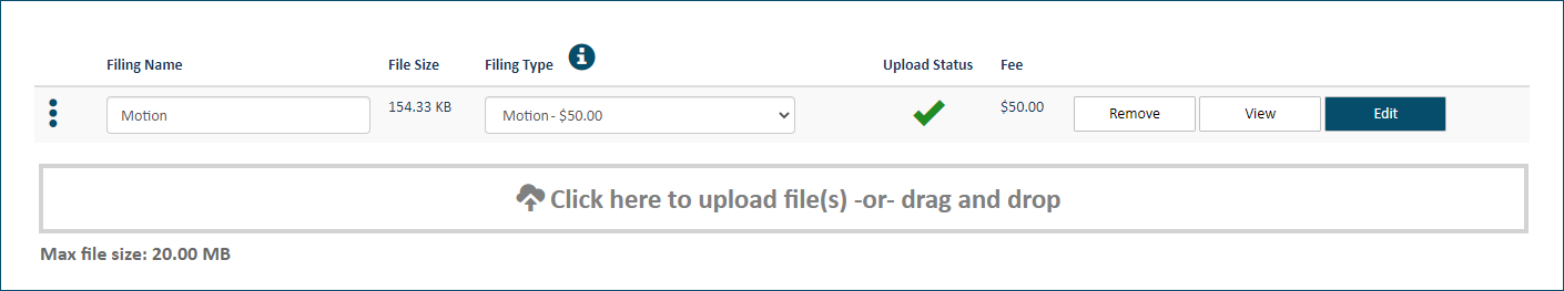 Upload pane - lead filing document uploaded