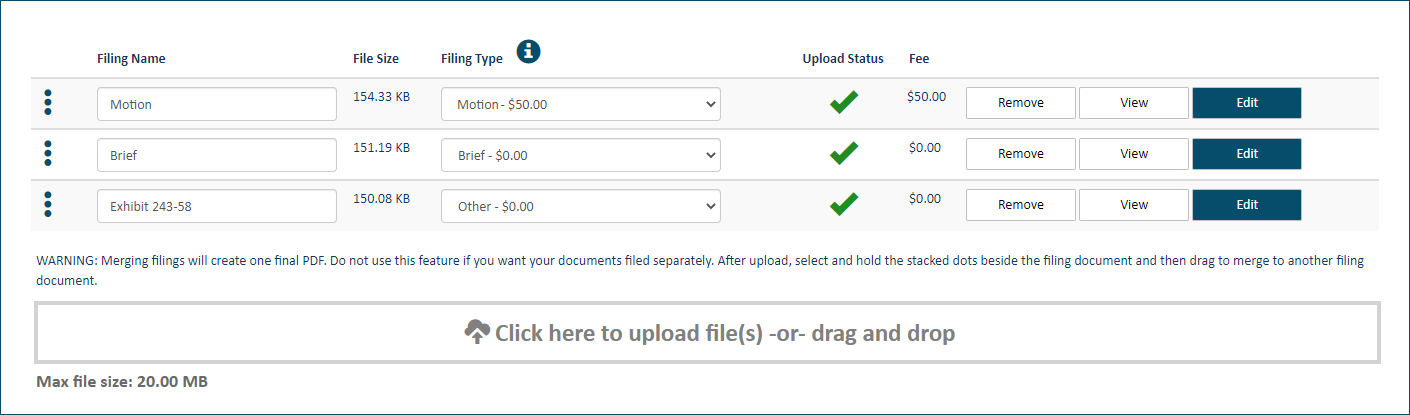 Filing documents re-ordered Upload pane - filing documents re-ordered