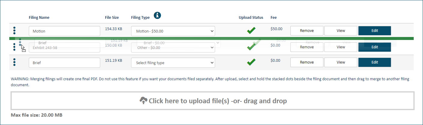 Position the document above the desired location Upload pane - drag document