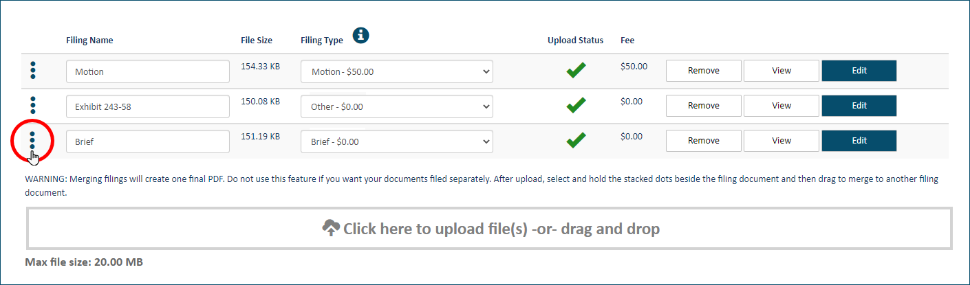 Select the handle of the document to move Upload pane - document handle selected