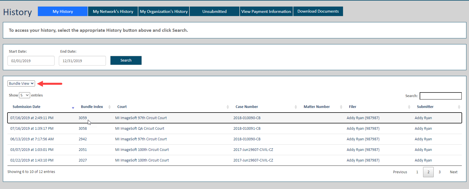 History page - Bundle view