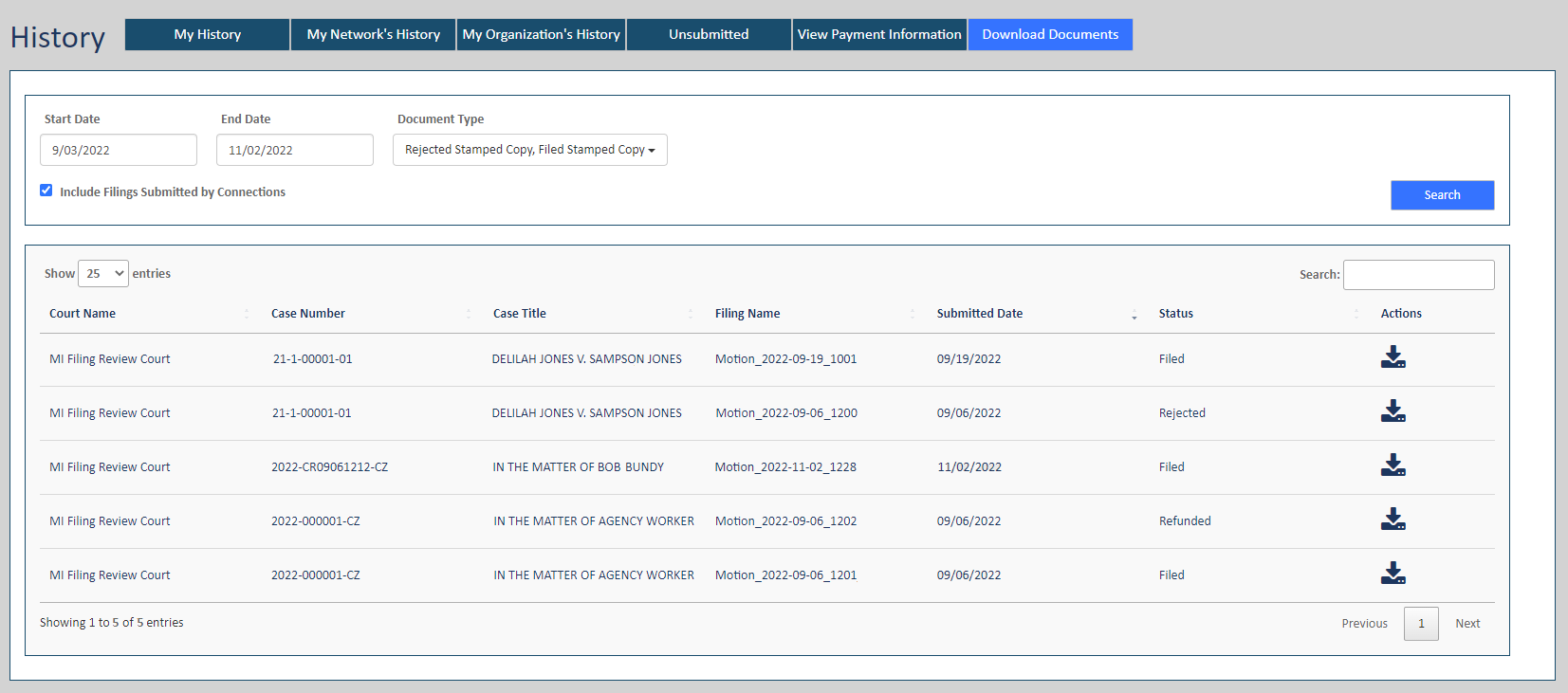 History page - Download Documents