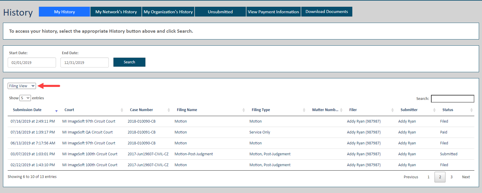 History page - Filing View