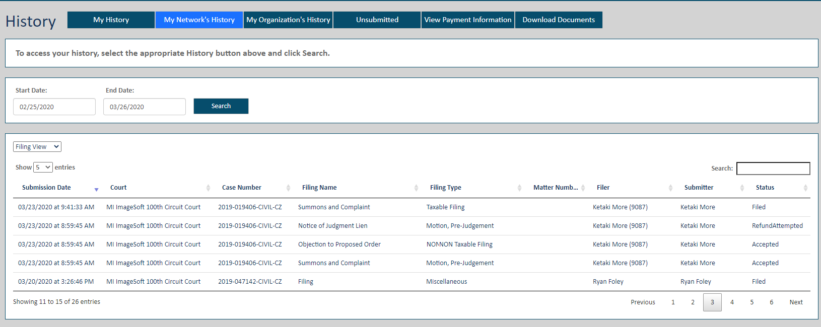 History page - My Network's History button