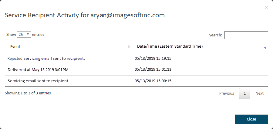 Servicing activity for a selected filing Servicing activity for a selected filing
