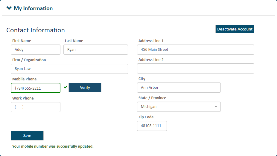 My Information pane expanded - mobile number added