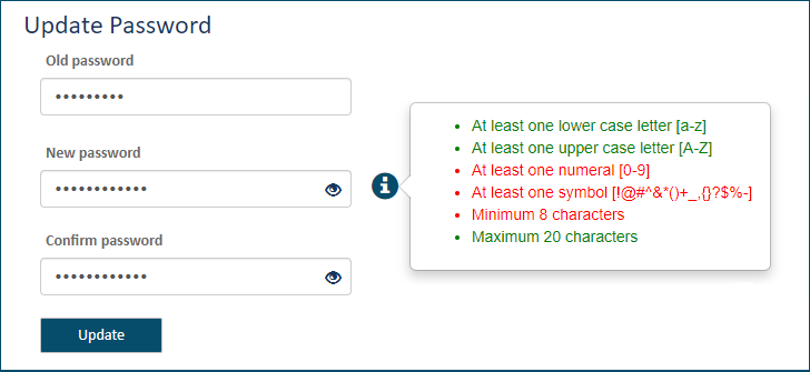 Click the blue icon to display the password requirements Update Password dialog