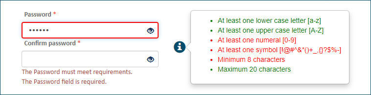 Sign Up page - Password section