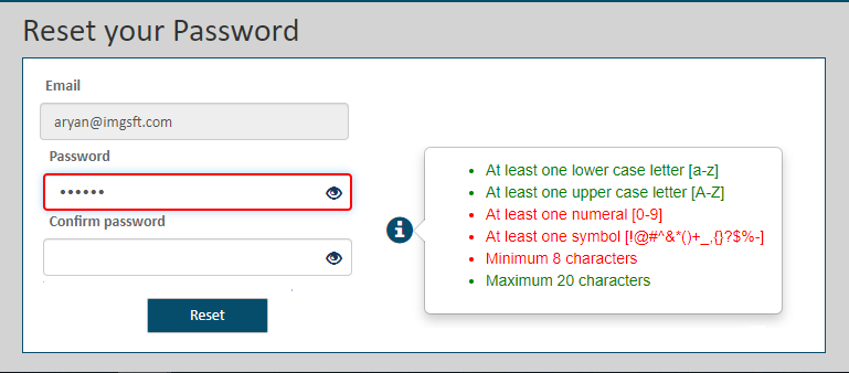 Reset Password Reset Password dialog