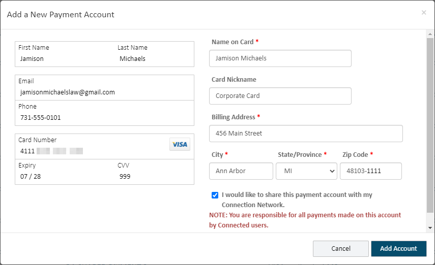 Add Payment Account dialog