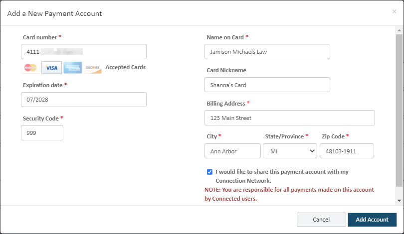 Add Payment Account dialog