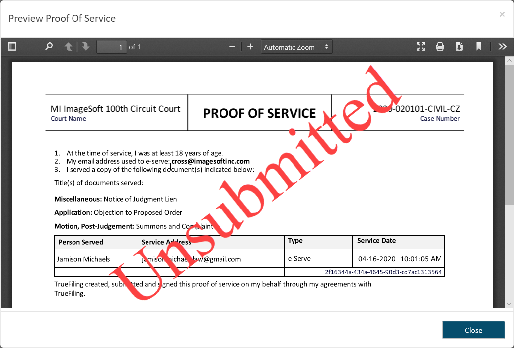 Proof of Service dialog