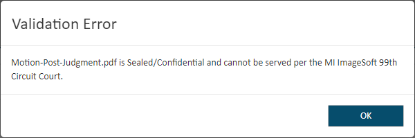 Error dialog for sealed/confidential filings