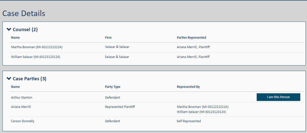 Counsel and Parties pane - Case Details page