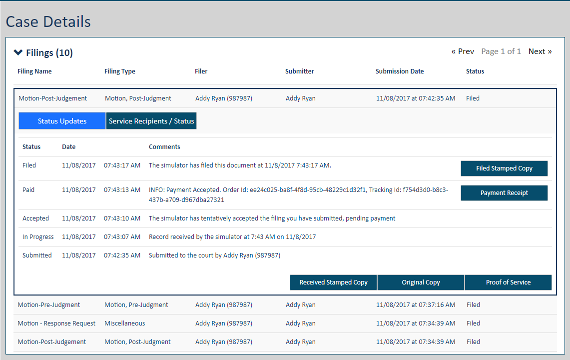 Case Details page - Filings section