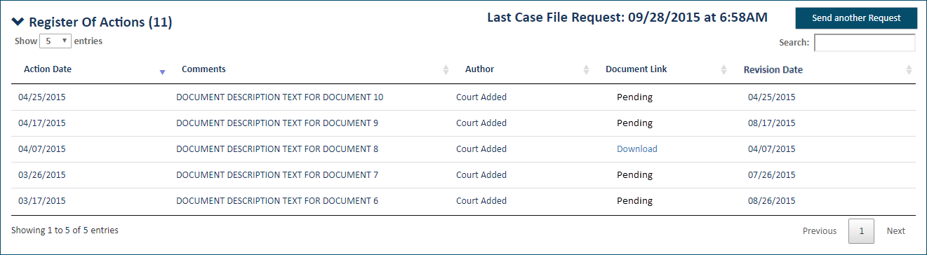 Case Details page - Register of Actions section