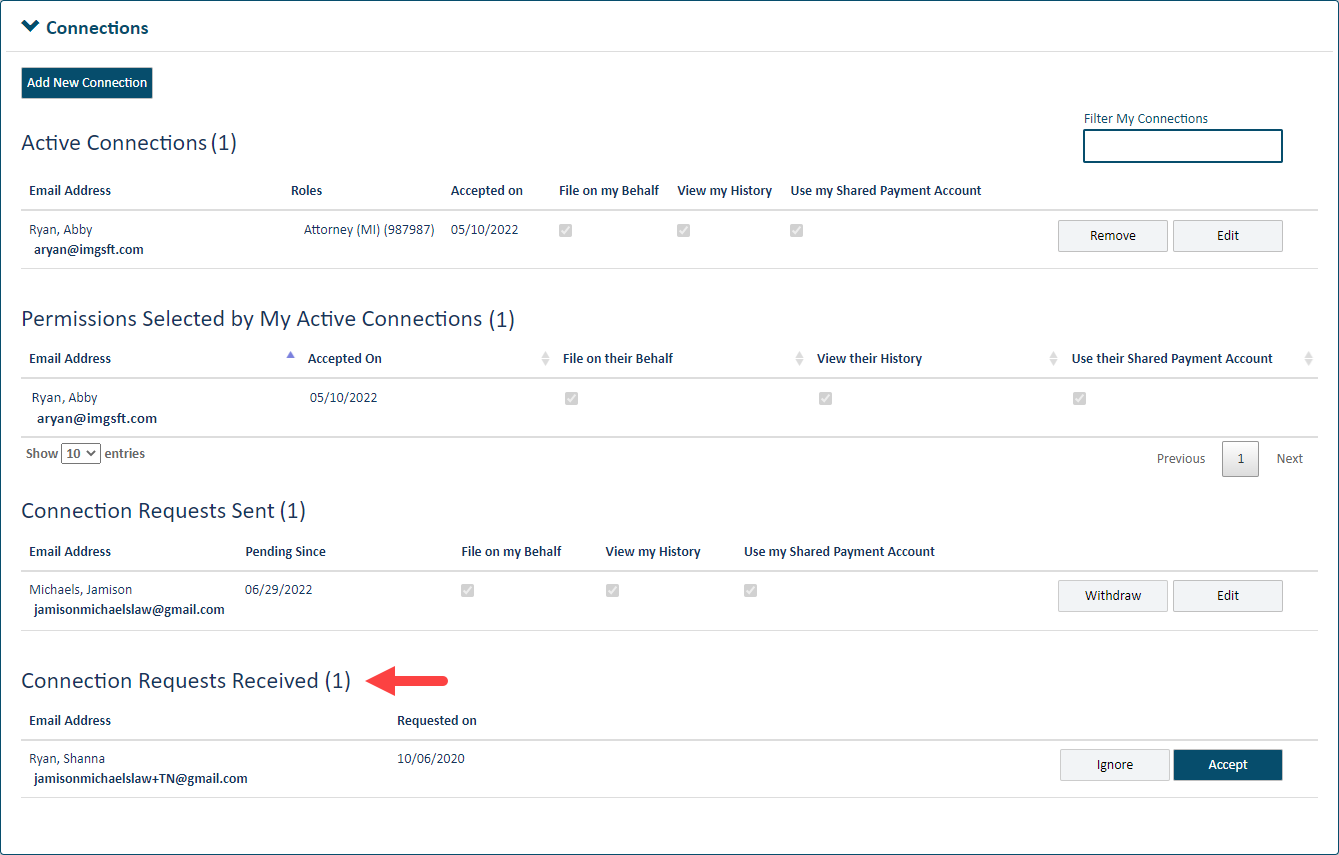 Connections pane - request receivedConnections pane - request received