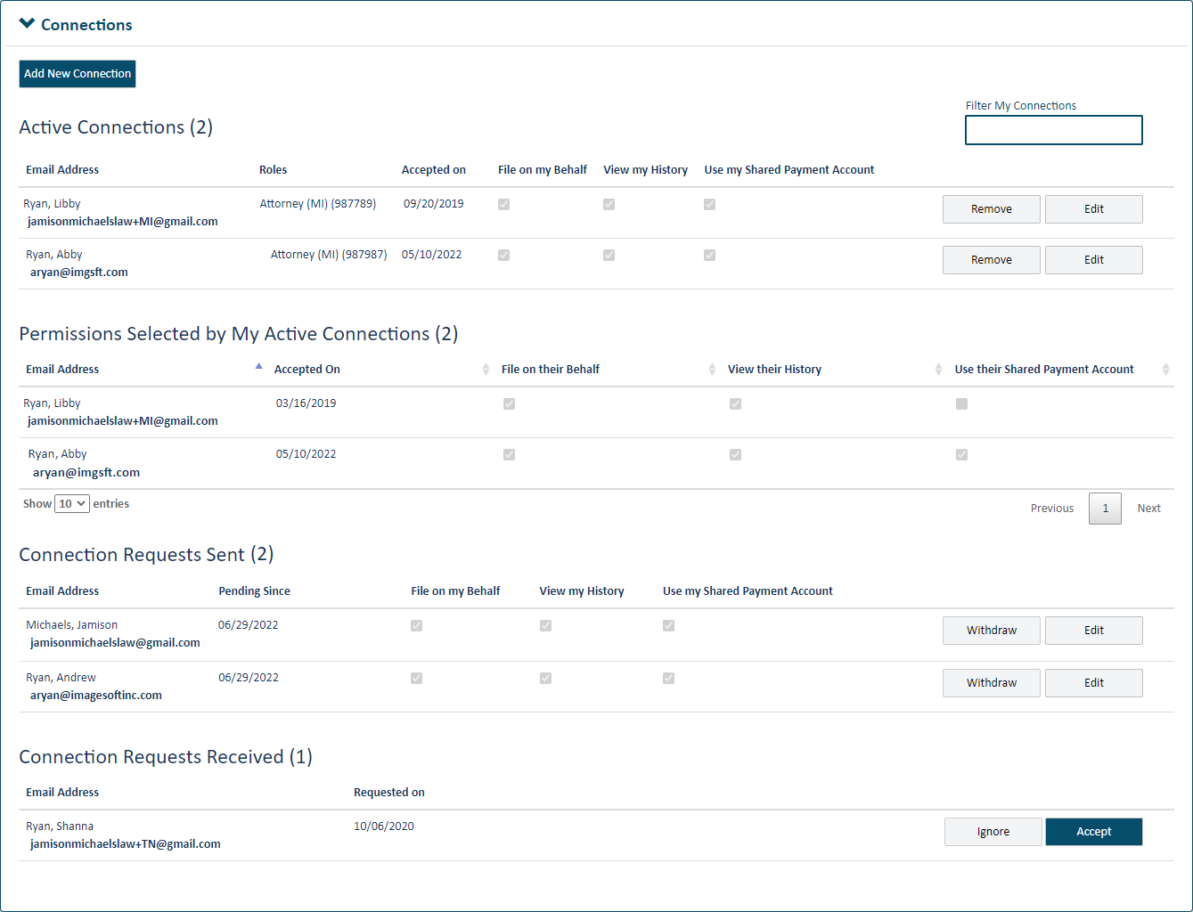 Connections pane with Permissions