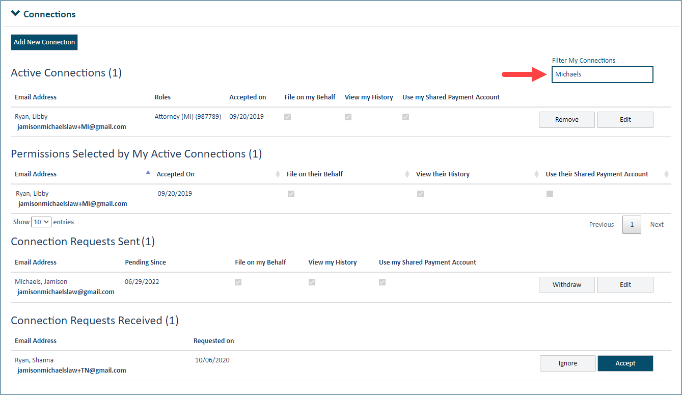 Connections pane - Filter field populated