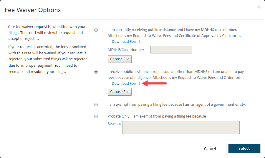 Fee waiver form - download option