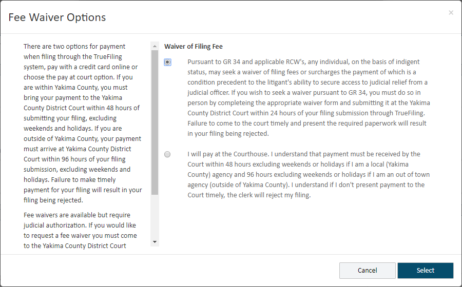 Fee Waiver Options dialog