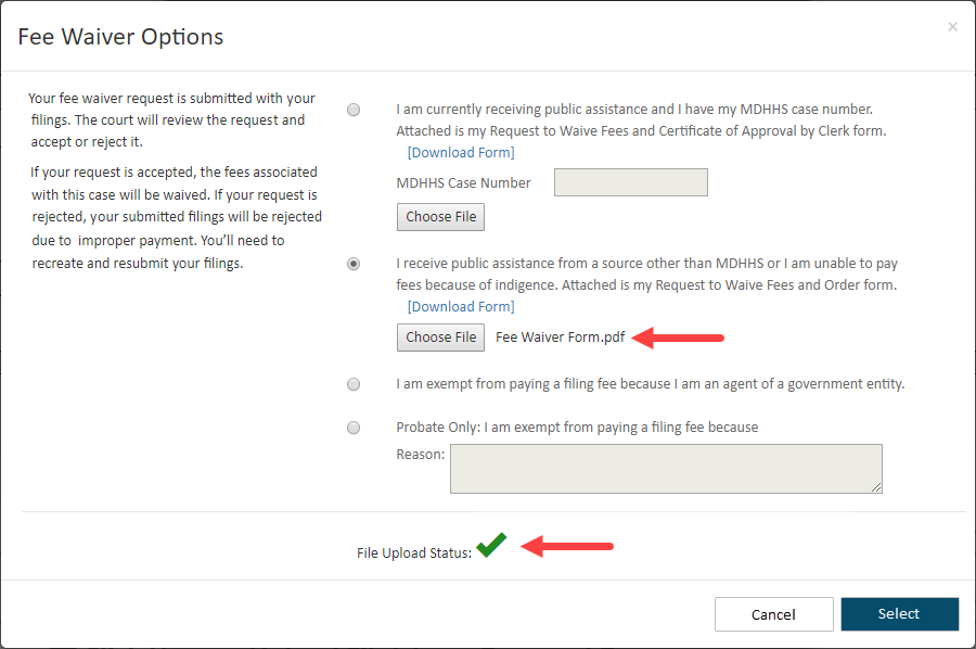 Fee waiver form uploaded