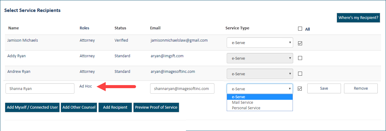 Service Recipients pane - ad hoc recipient