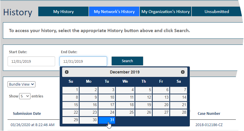 History page - date range end date