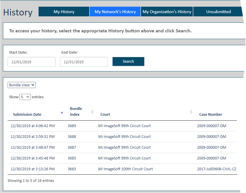 History page - date range specified