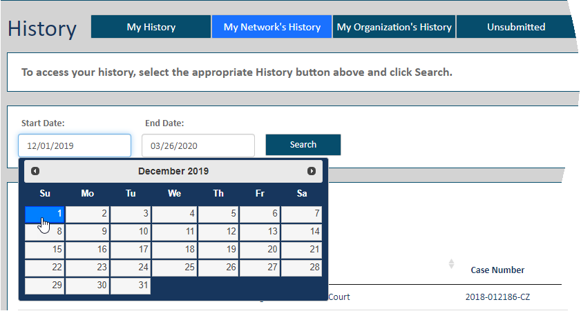 History page - date range start date