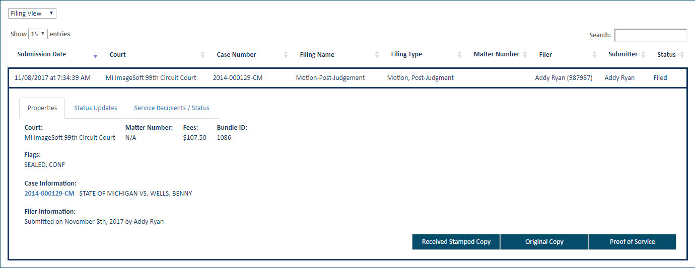 History page - filing selected