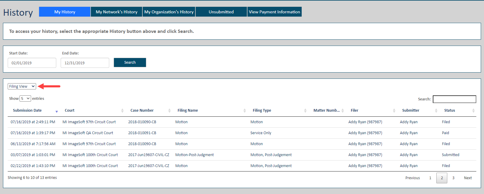 History page - Filing View