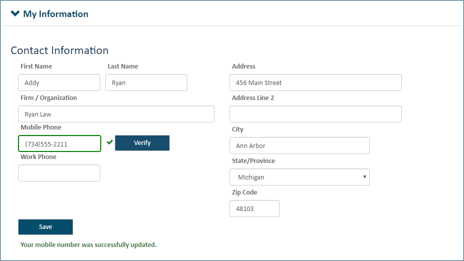 My Information pane expanded - mobile number added