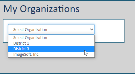 My Organizations page - Select Organization field