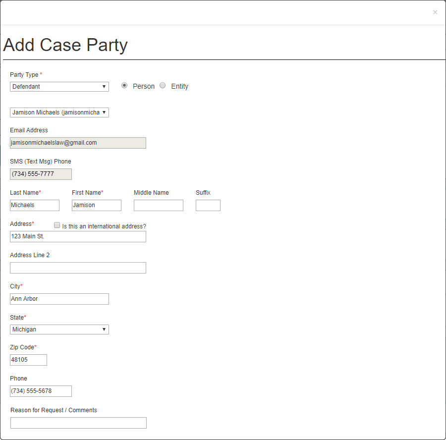 Sample Add Case Party form