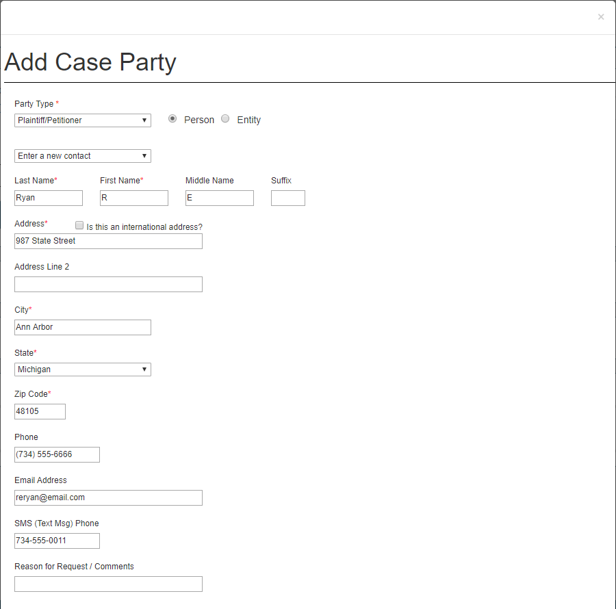 Add Case Party form