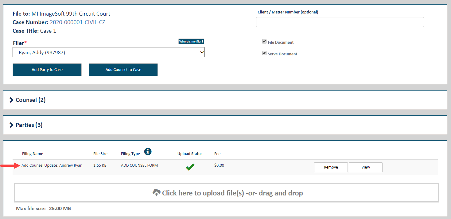 Add Counsel form listed